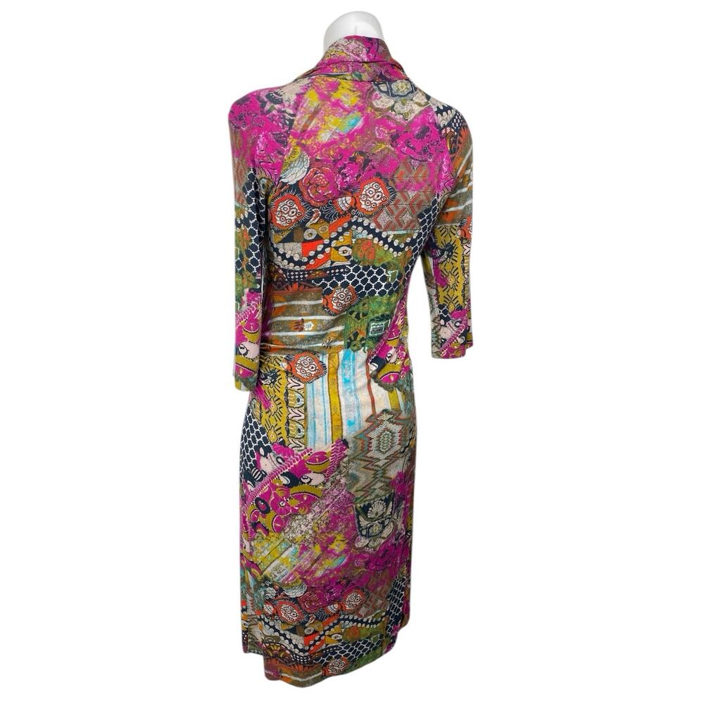 Etro Multicolor Abstract Half Sleeve Ruched Deep V-Neck Sheath Midi Dress Sz 12 - Picture 2 of 4